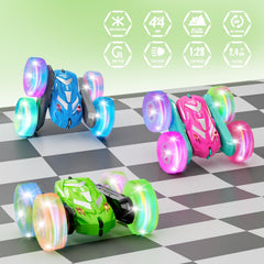 Amicool RC car performing a 360° flip for stunt play.