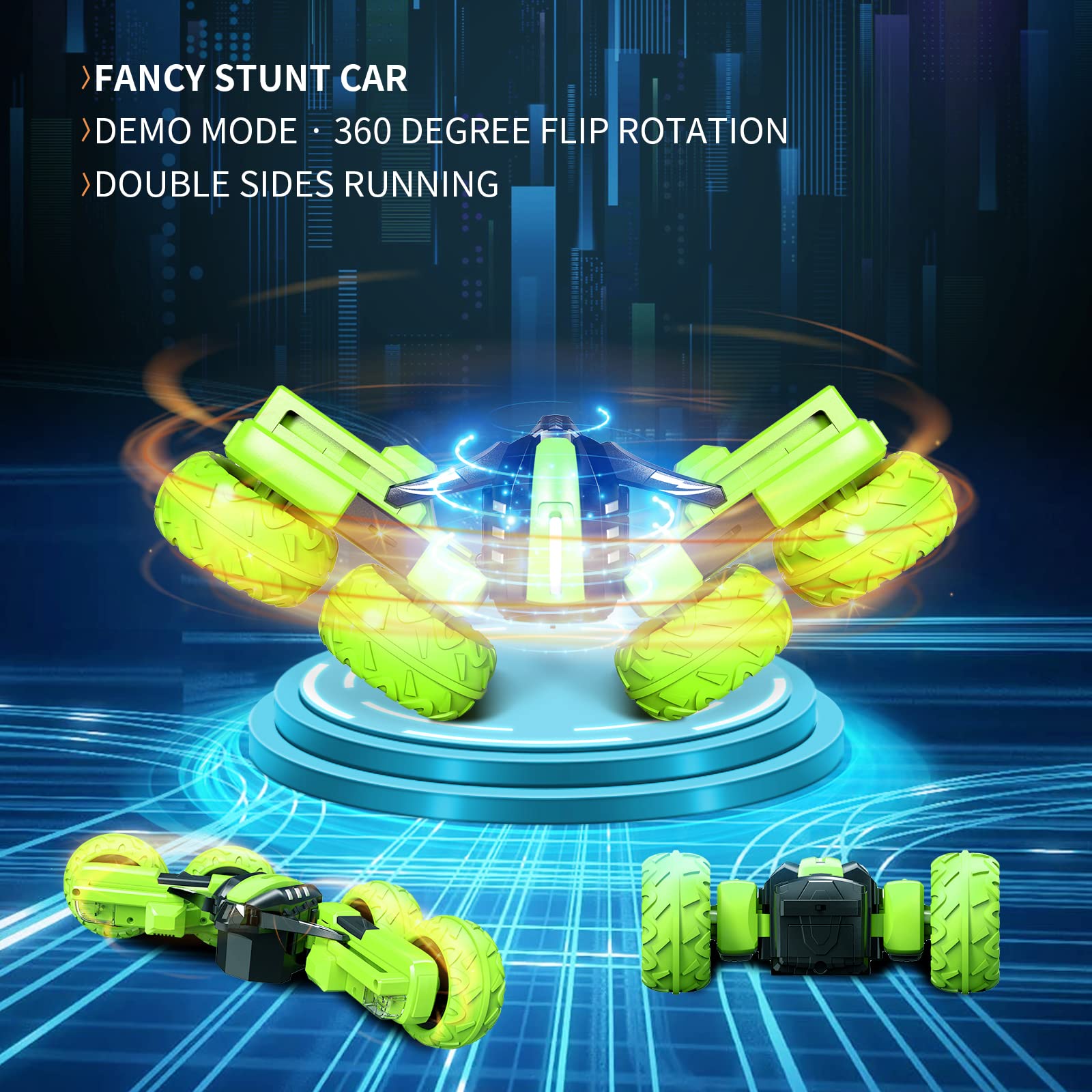 Amicool RC car performing 360-degree flips for impressive stunt play.