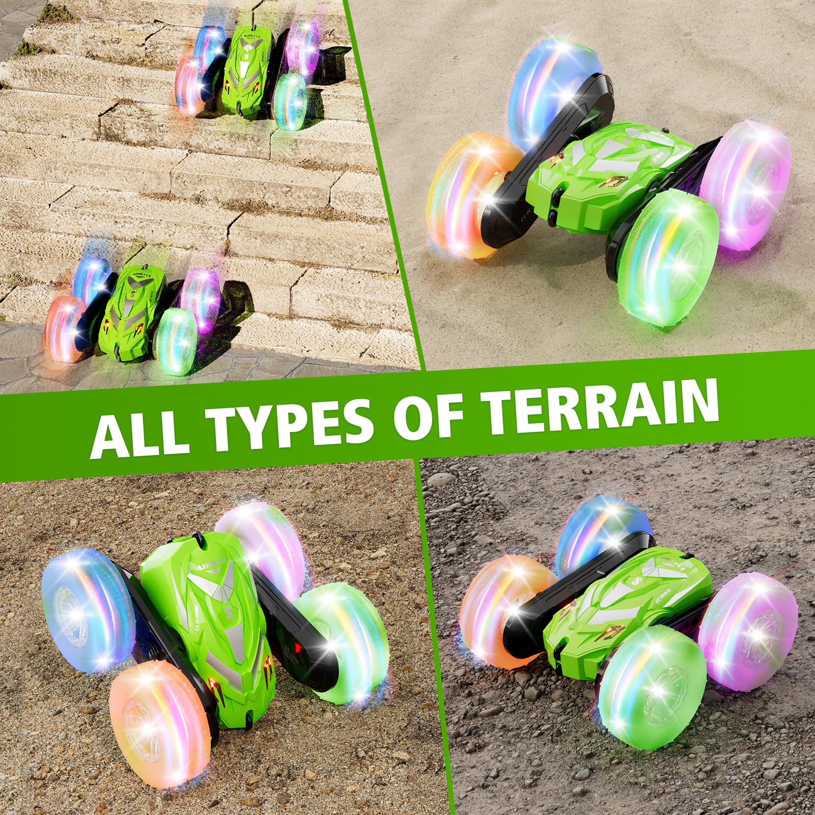 Amicool RC car with LED lights enhances night driving.