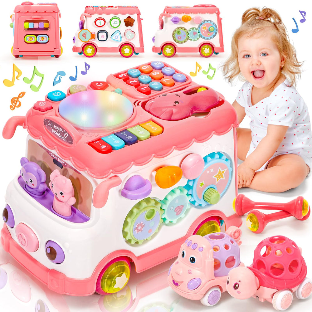 AmiDear 10-in-1 Montessori bus toy front view with interactive controls.