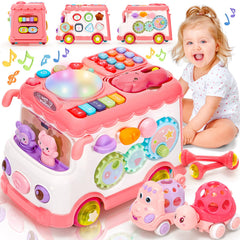 AmiDear 10-in-1 Montessori bus toy front view with interactive controls.