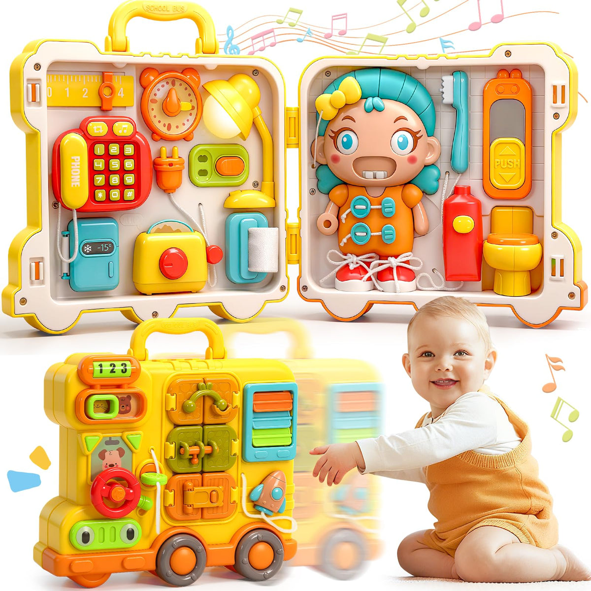 AmiDear Busy Board front view, showing durable ABS plastic safe for little hands.