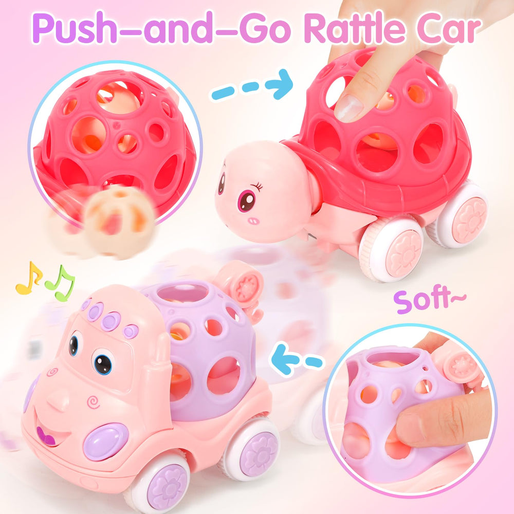 AmiDear turtle car with soft silicone top offers easy grip and rattling fun.