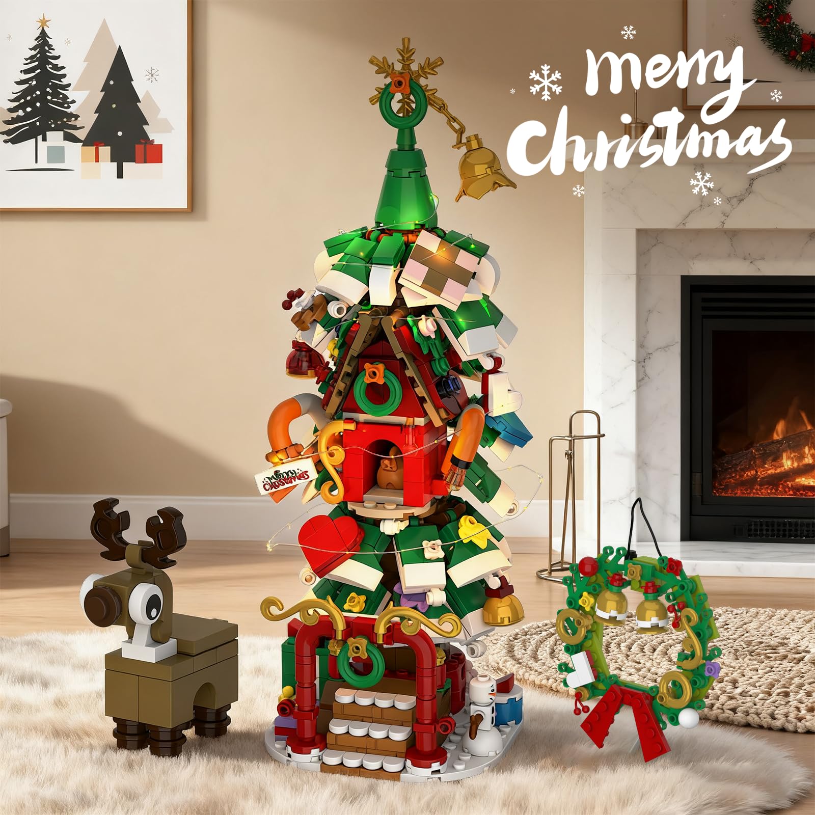 Amireed bells, candy canes, and snowflake topper elevate the display.