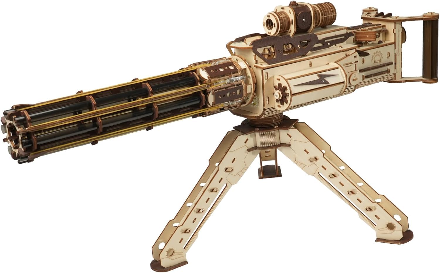 Amiyi Gatling Gun 3D puzzle in assembly showing intricate gears and dexterity.