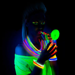 Ammy Glow glow bracelets and necklaces used as wearable lighting.