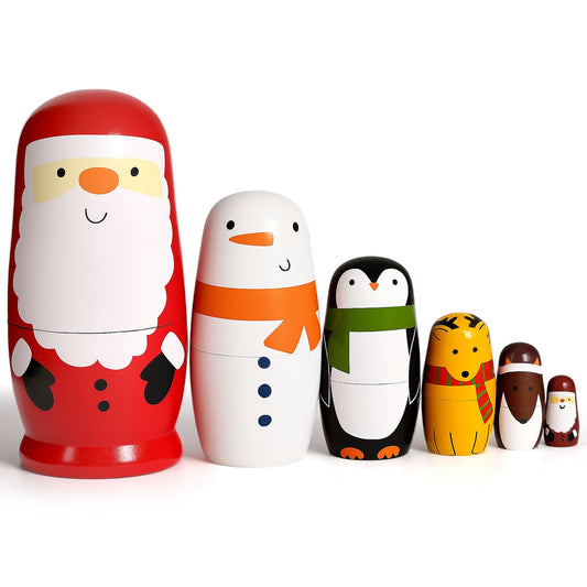 AMOR PRESENT Christmas nesting dolls 6pc set front view, vibrant keepsake for family traditions.