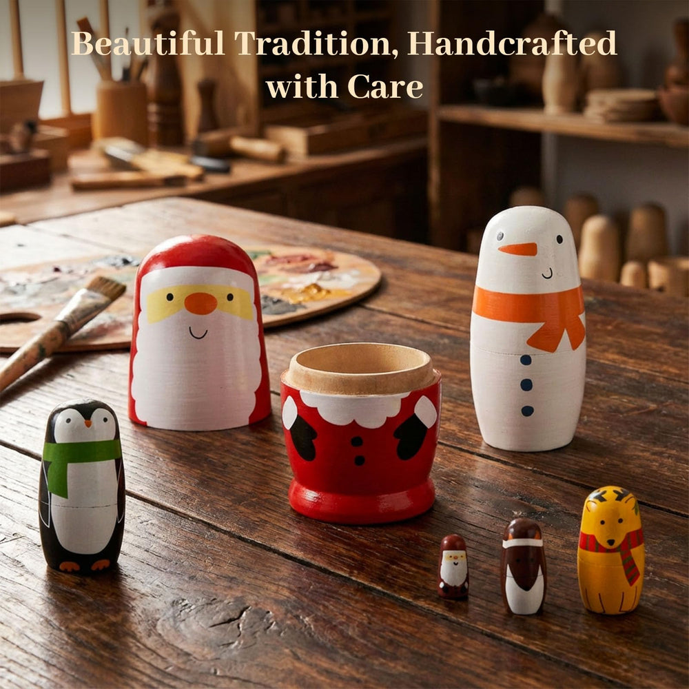 AMOR PRESENT hand-painted nesting dolls as a festive centerpiece celebrating family heritage.