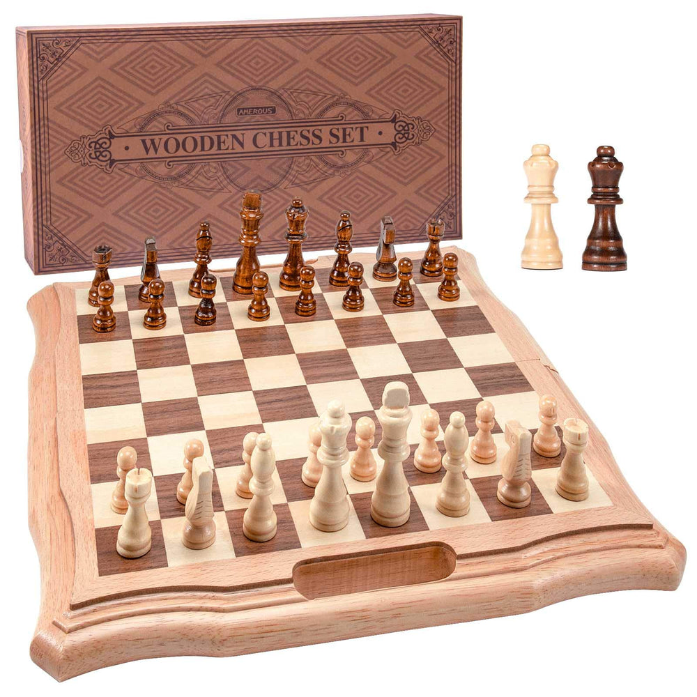 AMEROUS 15.6-inch magnetic wooden chess board folded for easy transport.