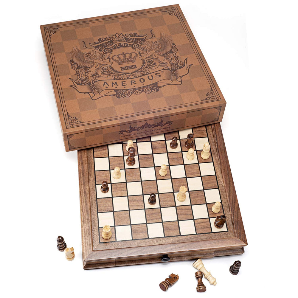 AMEROUS weighted chess pieces providing stable play on the walnut board