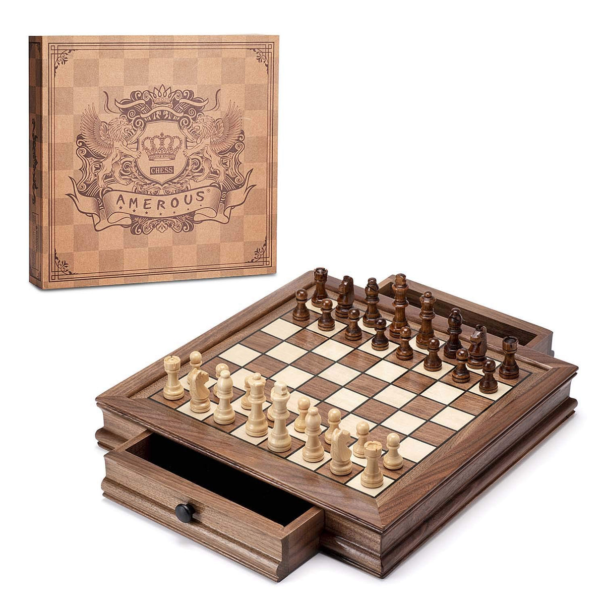 AMEROUS magnetic wooden chess board with compact 12.8 inch square and walnut finish for easy setup