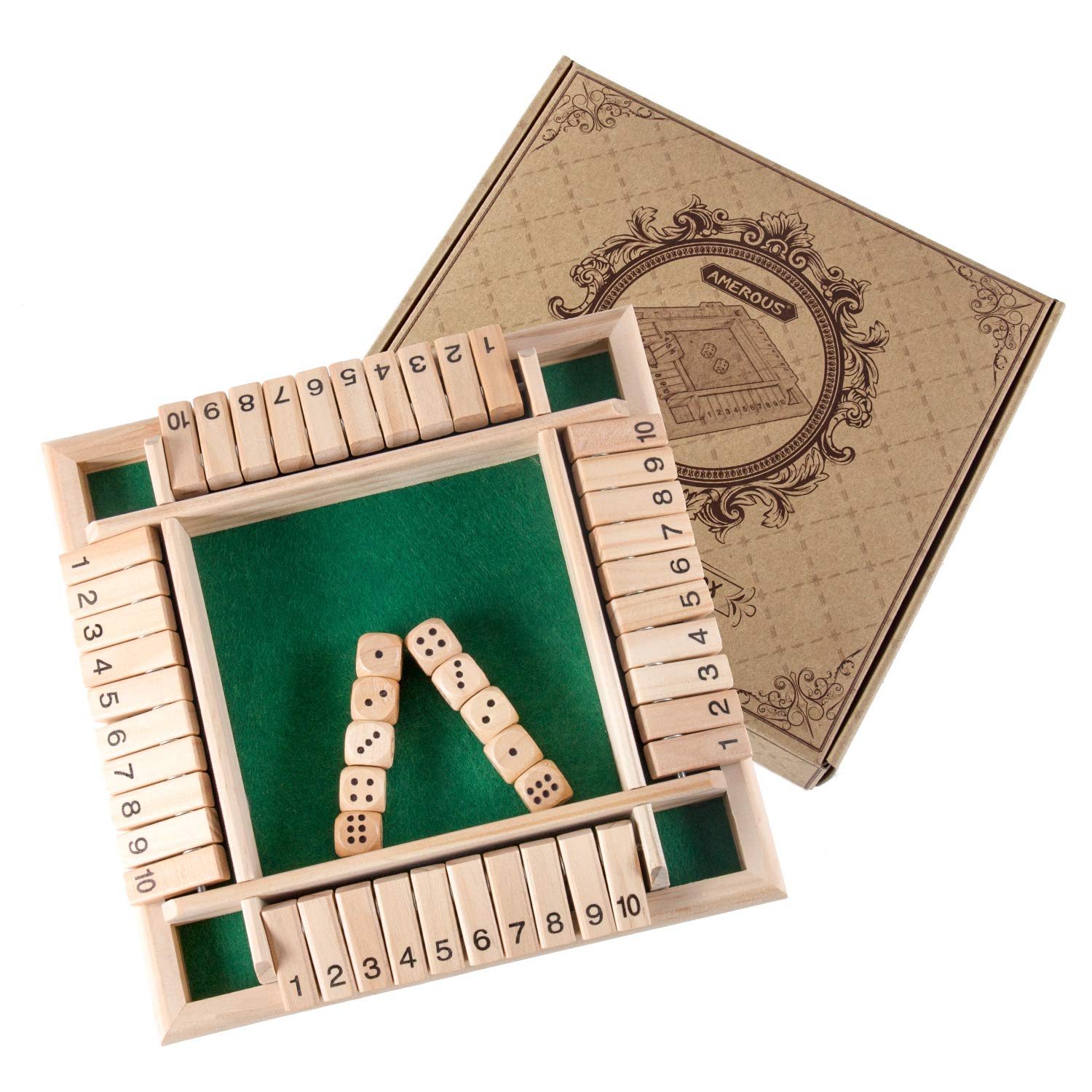AMEROUS Shut The Box with green felt base enhances tabletop ambiance.