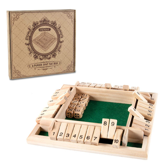 AMEROUS Shut The Box wooden board game with dice and tiles for math practice during play.