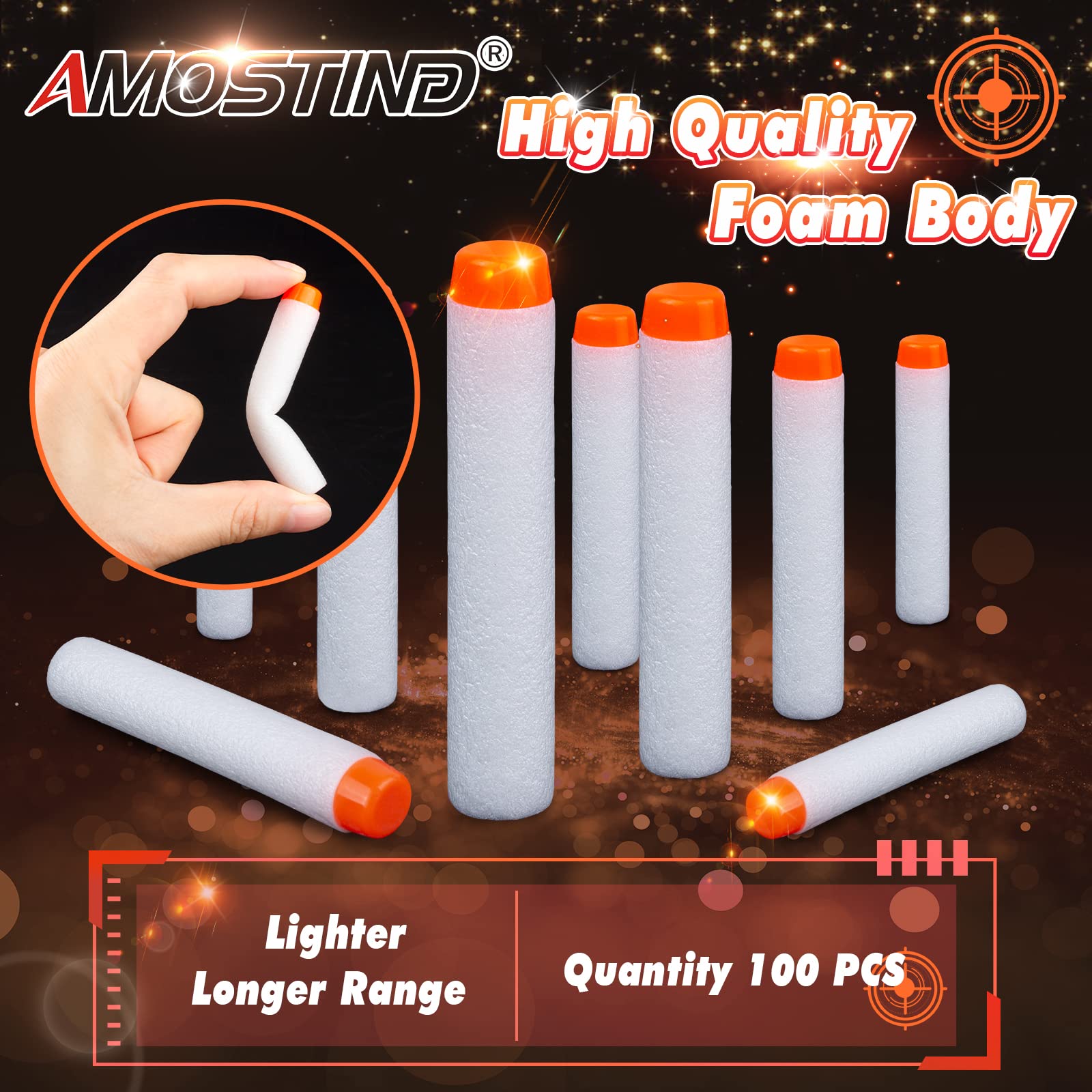 AMOSTING precision foam-head darts improve accuracy during Nerf skirmishes.