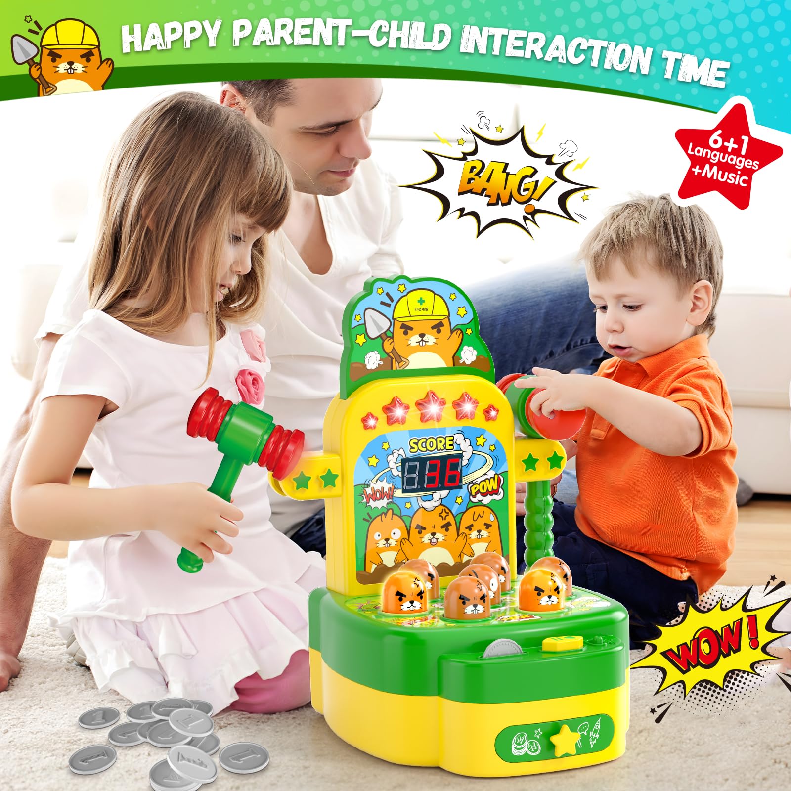 Amoyasite Whack A Mole lights and sounds boost feedback during each hit