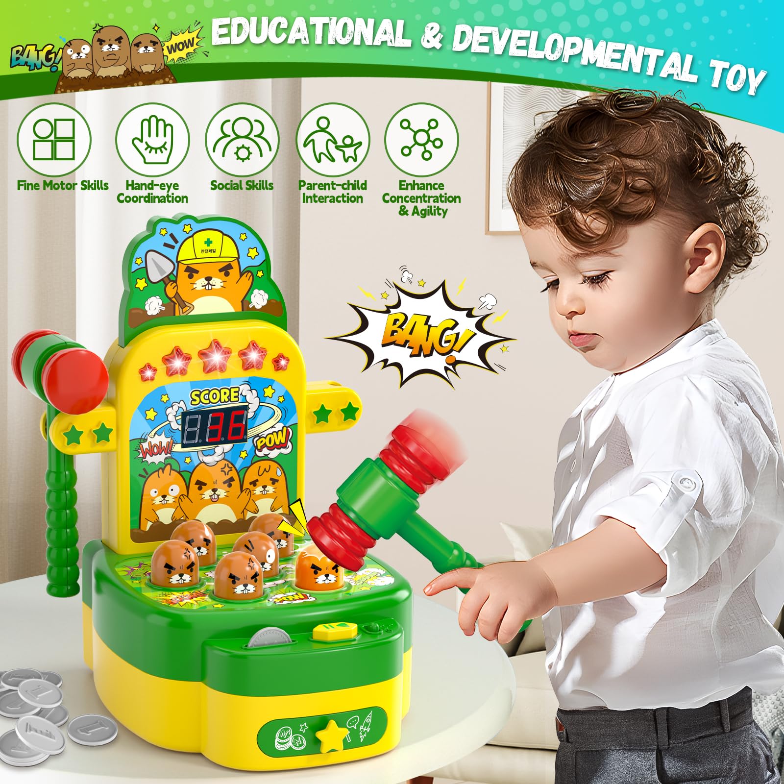 Two soft hammers provide safe two-player competition during play