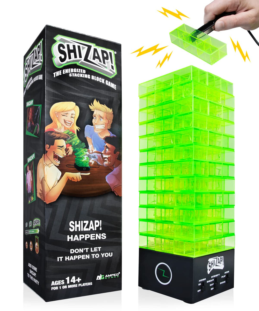 Amped Gamez ShiZap! LED base glows to heighten game-night suspense.