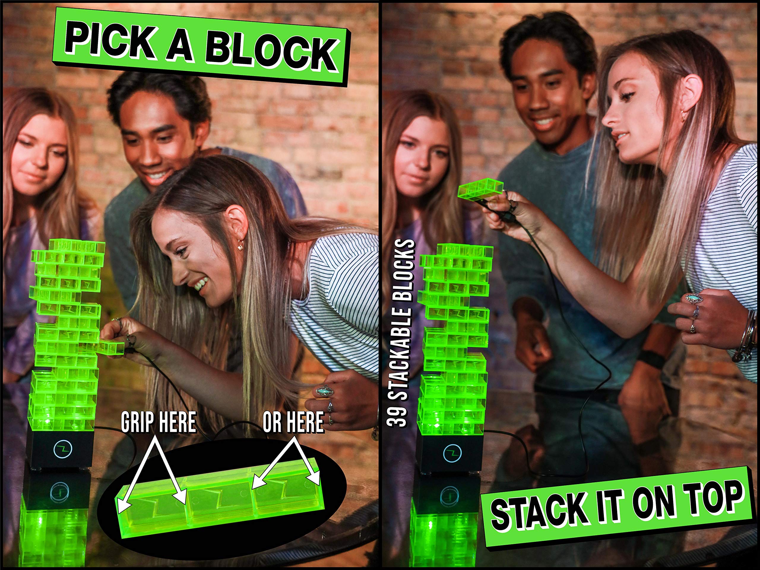 Amped Gamez ShiZap! Shock tweezers deliver a playful zap as blocks settle.