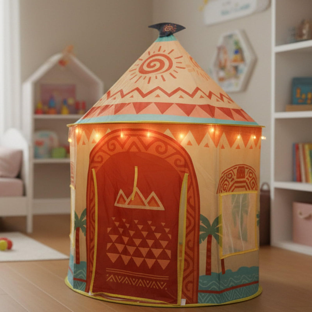 Amplov Island-themed pop-up tent with LED lights enhances cozy outdoor play sessions.