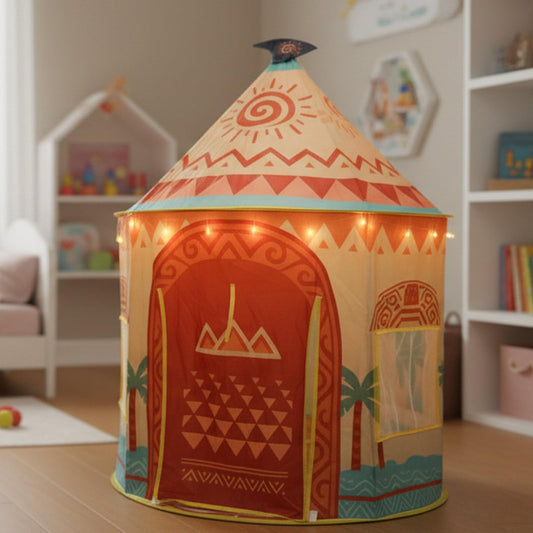 Amplov Island-themed pop-up tent with LED lights enhances cozy outdoor play sessions.