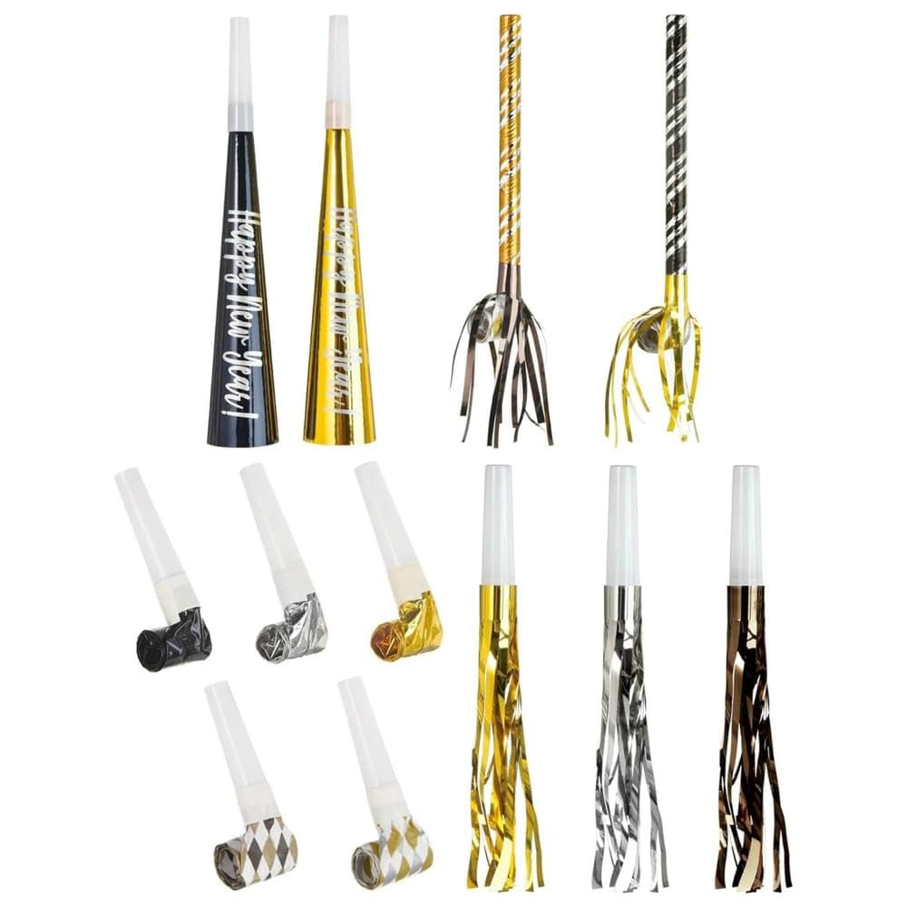 Amscan black gold silver party horns and blowouts set for festive New Year's Eve celebrations.
