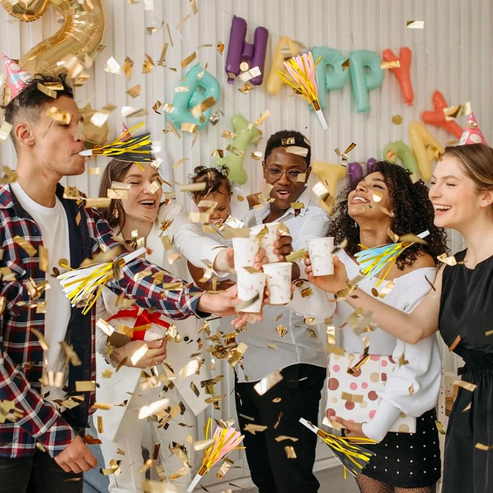 Amscan luxe harlequin blowouts and horns add elegant noise for upscale parties.