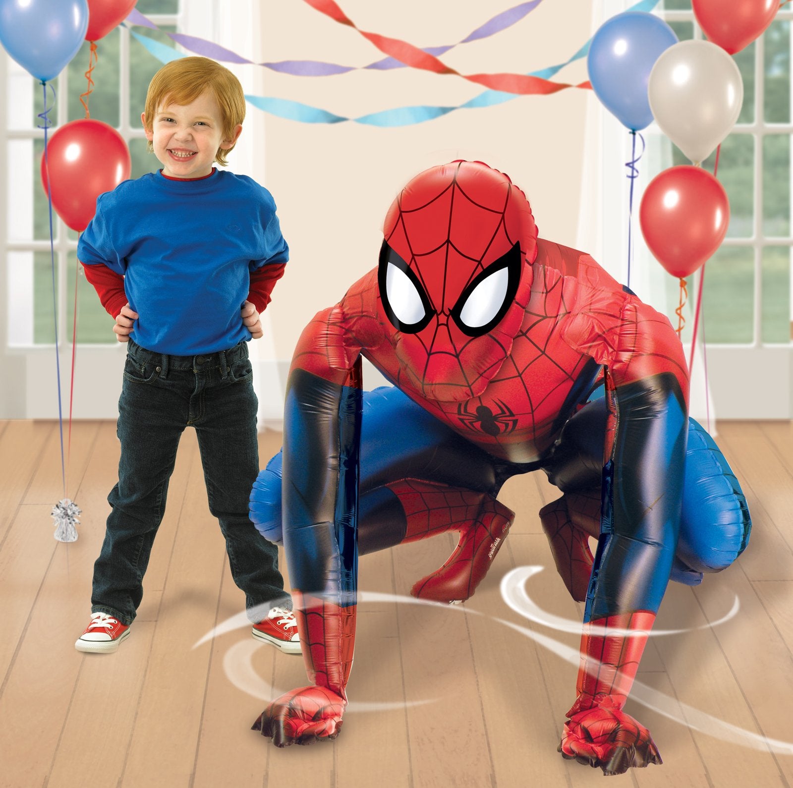 Amscan Spider-Man airwalker foil balloon, multicolor design enhances superhero party decor.