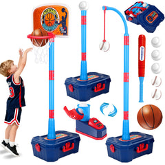 Amy & Benton 4-in-1 kids basketball hoop and tball set indoors for active play.