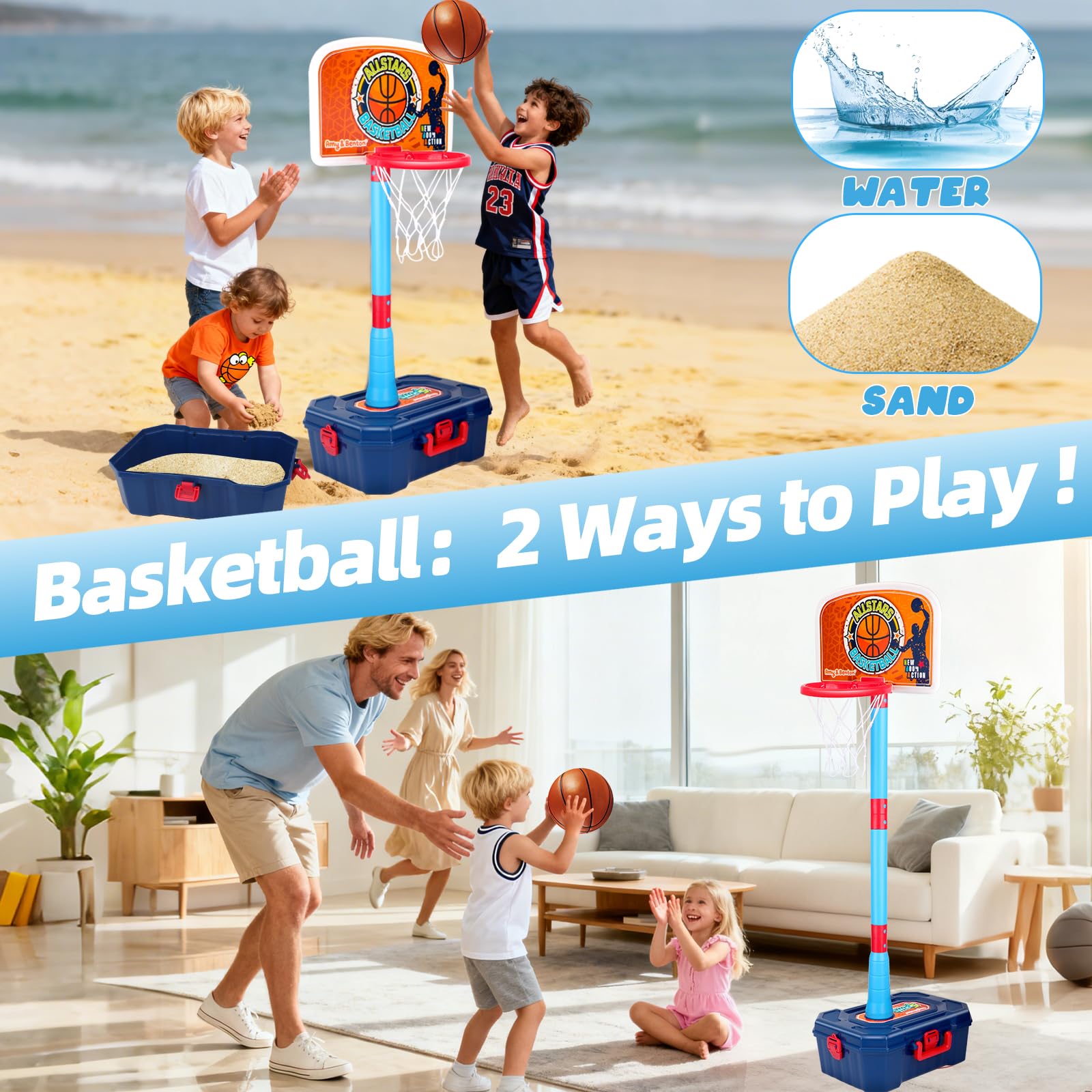 Amy & Benton adjustable T-ball stand height from 19.3 to 43.7 inches.