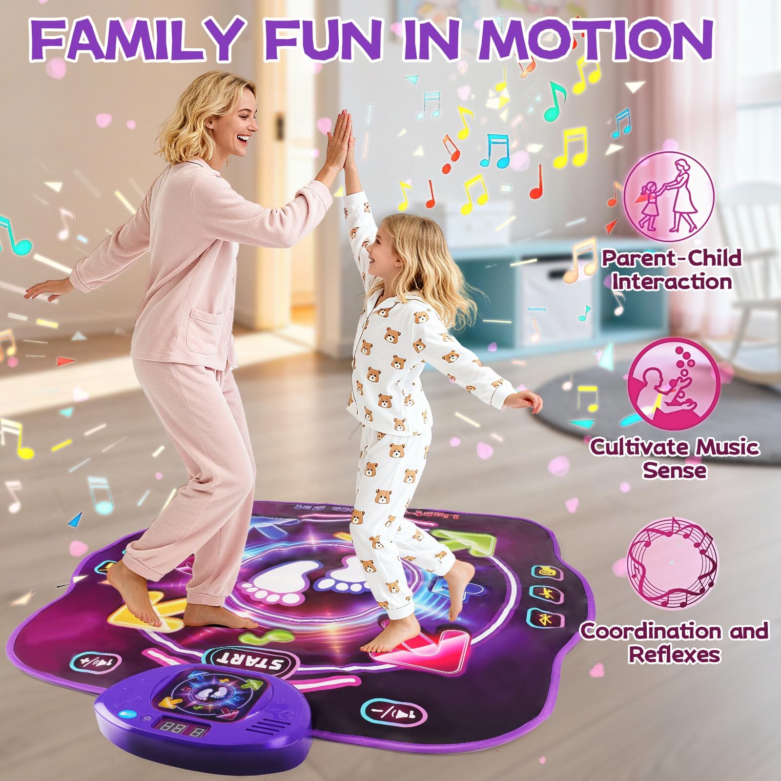 Amy & Benton dance mat built-in music library provides instant tunes
