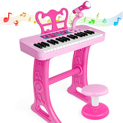 Amy and Benton pink piano toy with stand showcases 37 keys for easy solo practice.