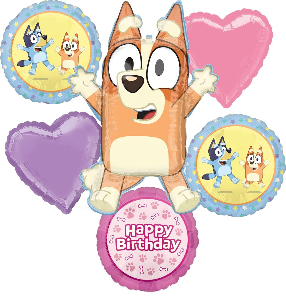 Anagram Bingo Bluey balloons bouquet for a cheerful girl's birthday