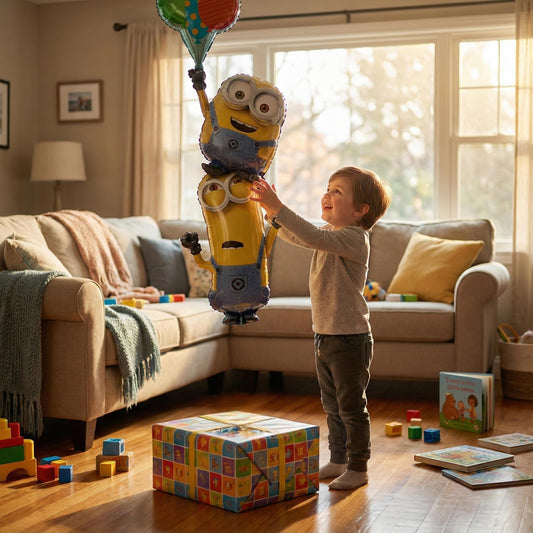 Anagram Minions Stacker Balloon inflated side view highlighting size and color.