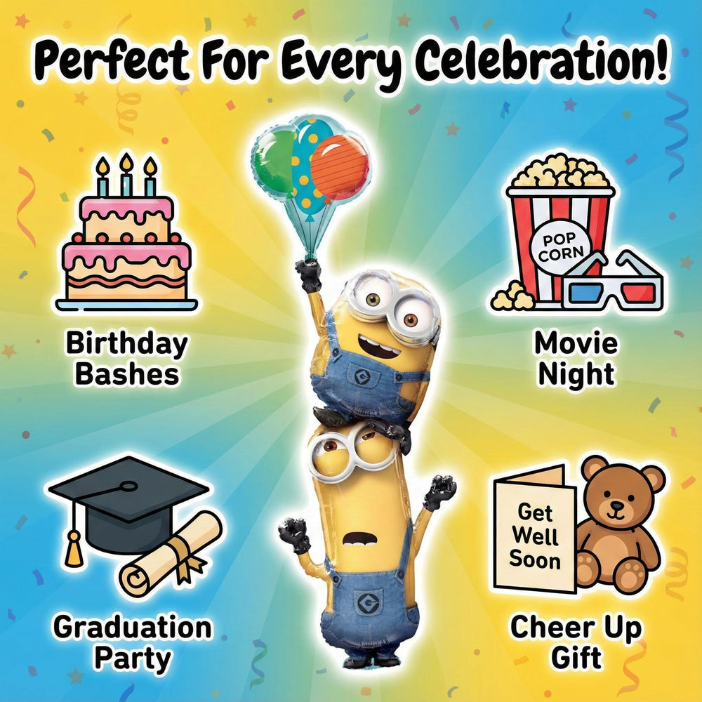 Anagram Minions Stacker Balloon on a table as cheerful party decor.