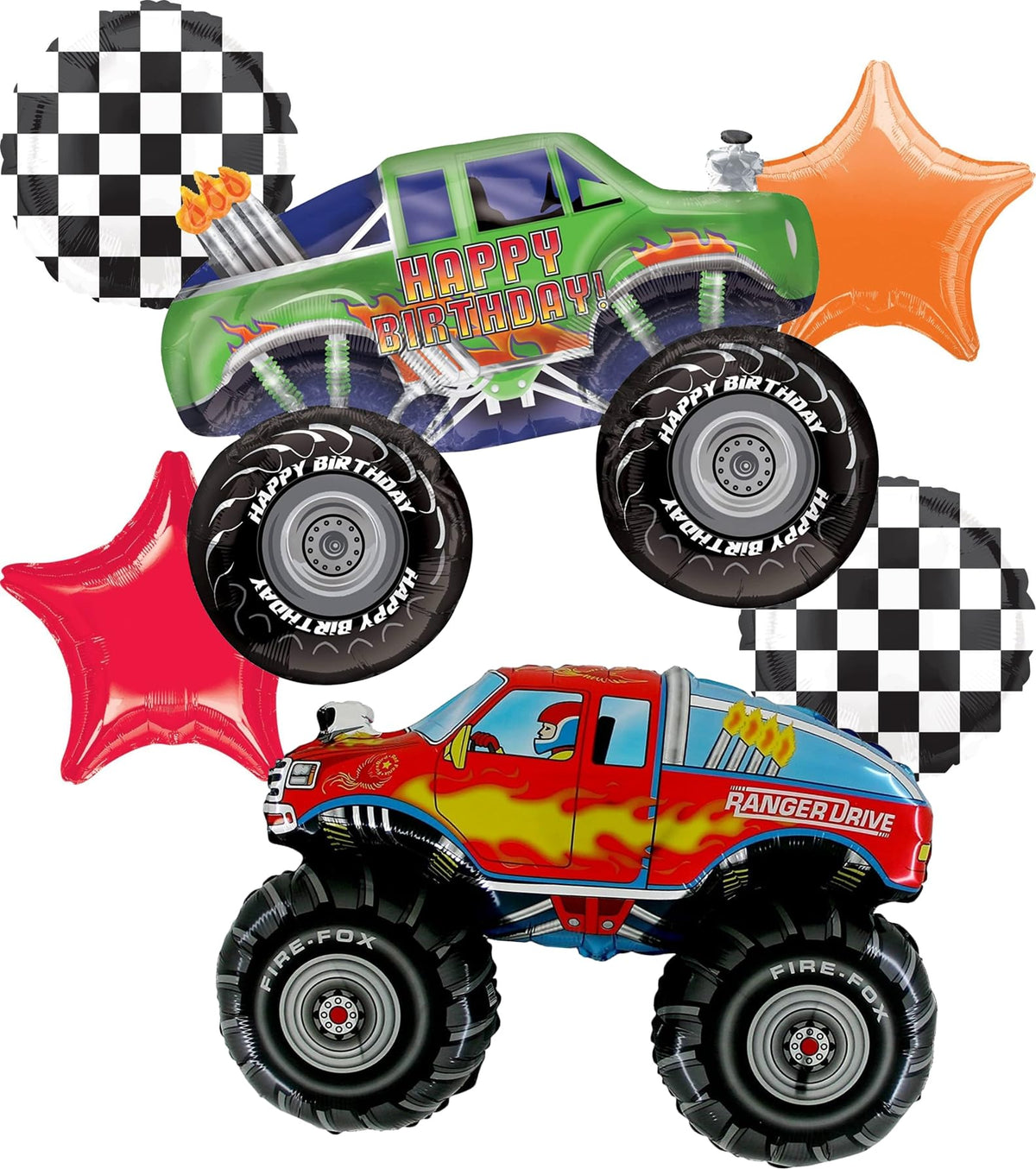 Anagram Monster Trucks 31in green foil balloon, dramatic birthday centerpiece.