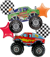 Anagram Monster Trucks 31in green foil balloon, dramatic birthday centerpiece.