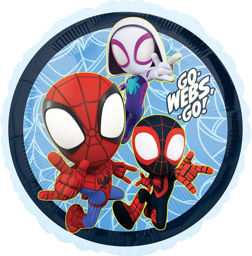 Anagram Spidey 17-inch round foil balloons ideal for centerpieces and photo spots.