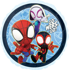 Anagram Spidey 17-inch round foil balloons ideal for centerpieces and photo spots.