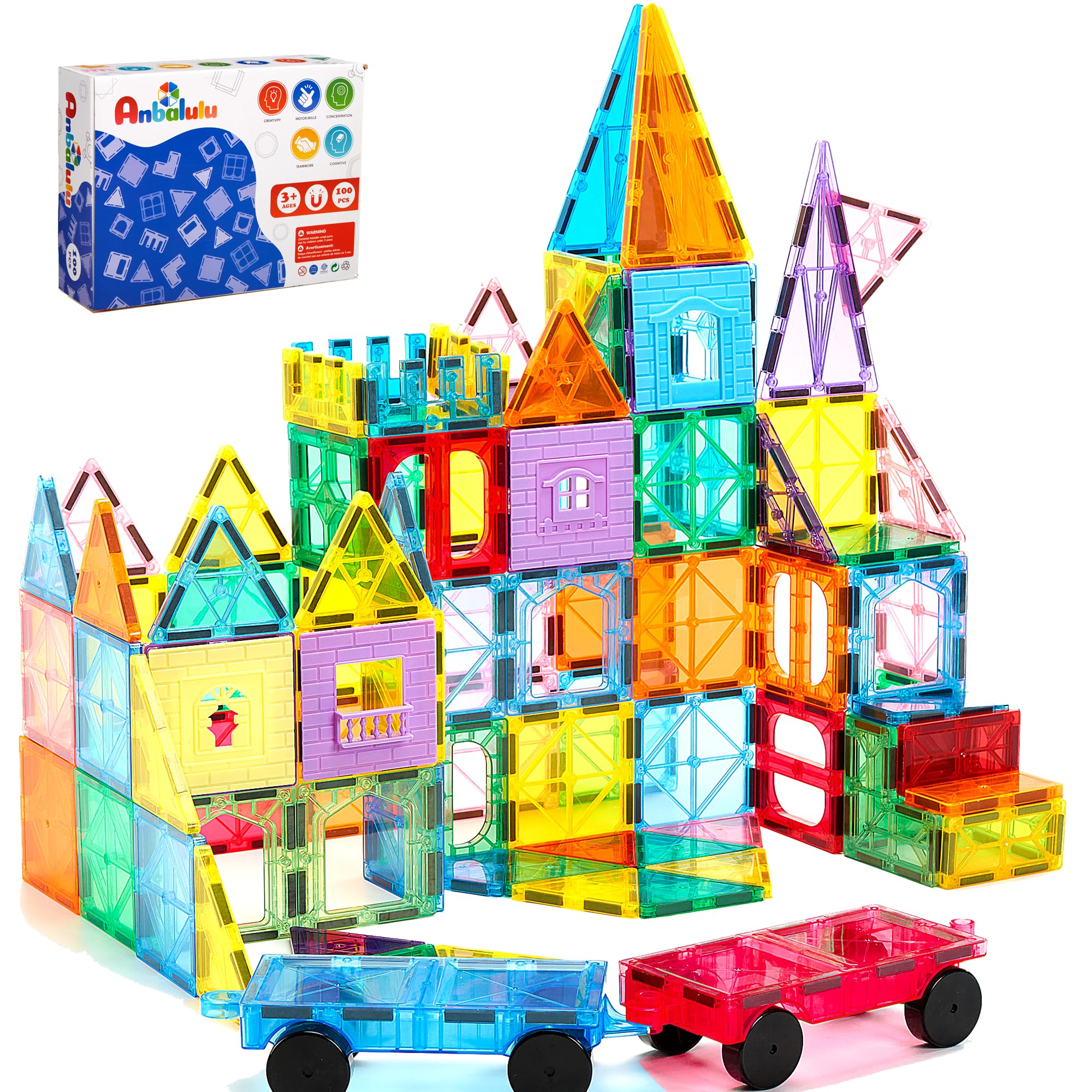 Anbalulu Magnetic Tiles 100PCS with 2 Cars for imaginative STEM play.