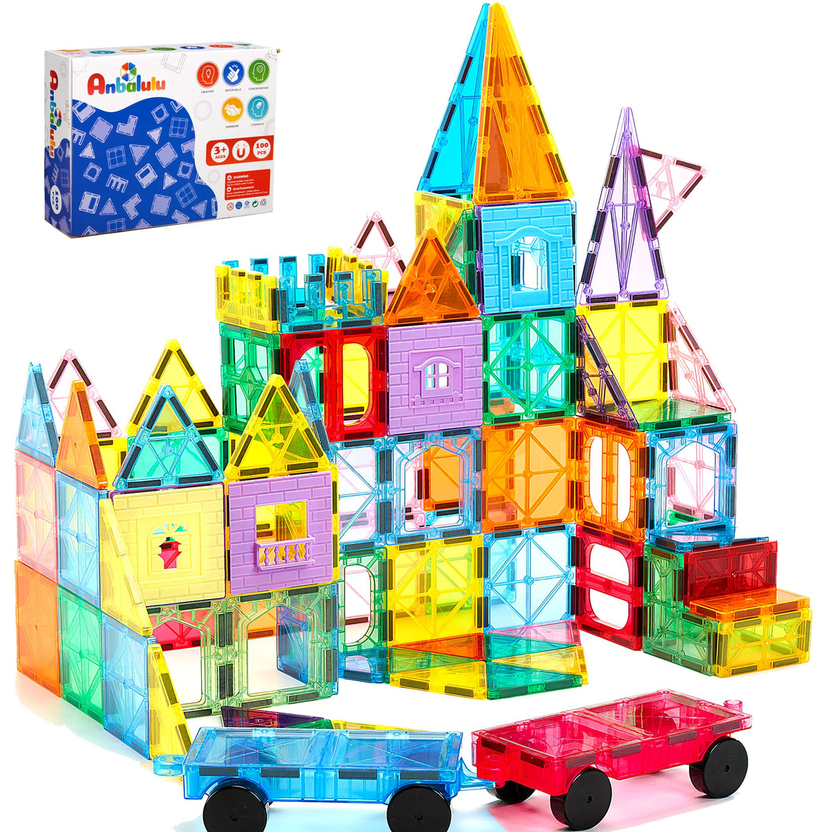 Anbalulu Magnetic Tiles 100PCS with 2 Cars for imaginative STEM play.