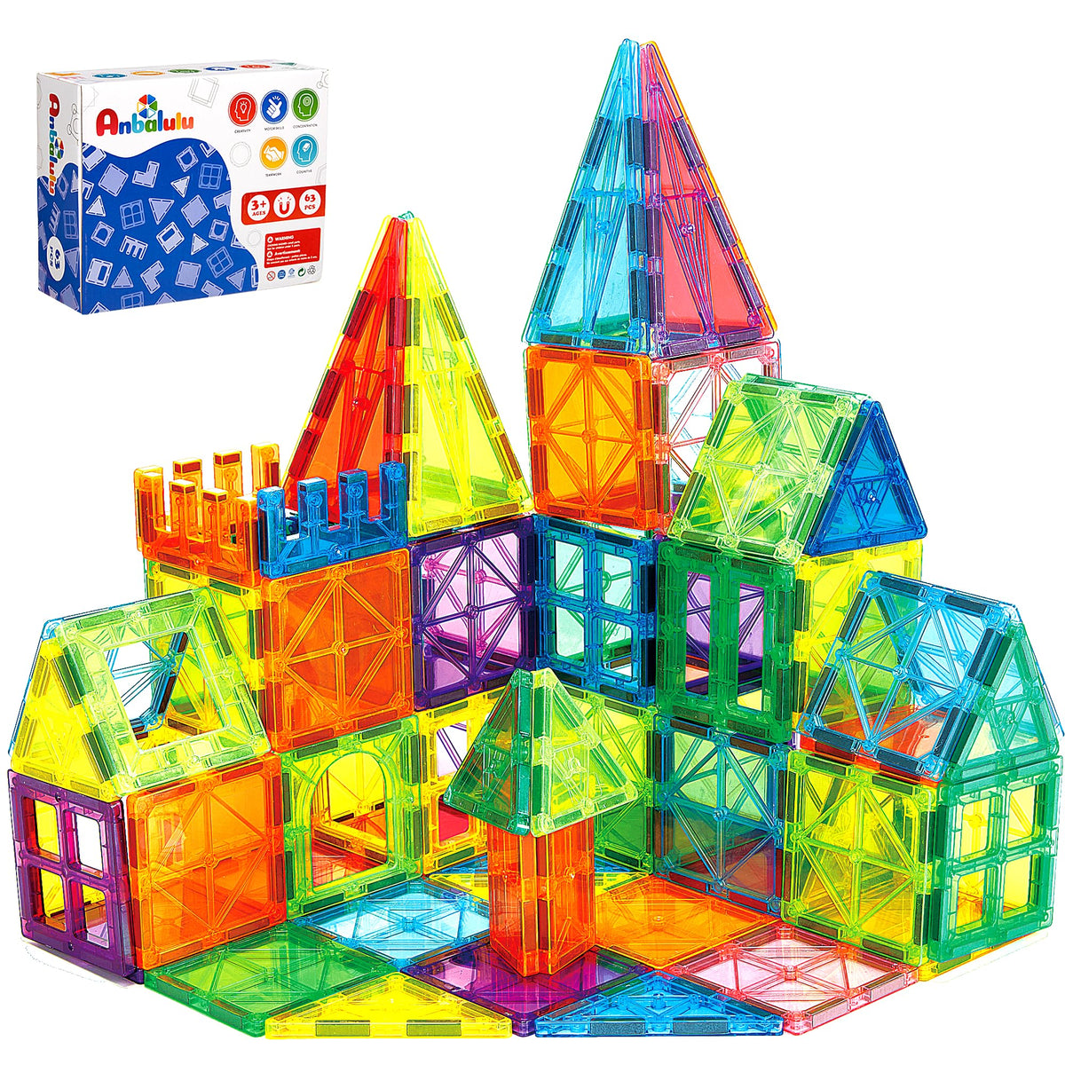 Anbalulu magnetic tiles 63pcs set for creative building and STEM learning.