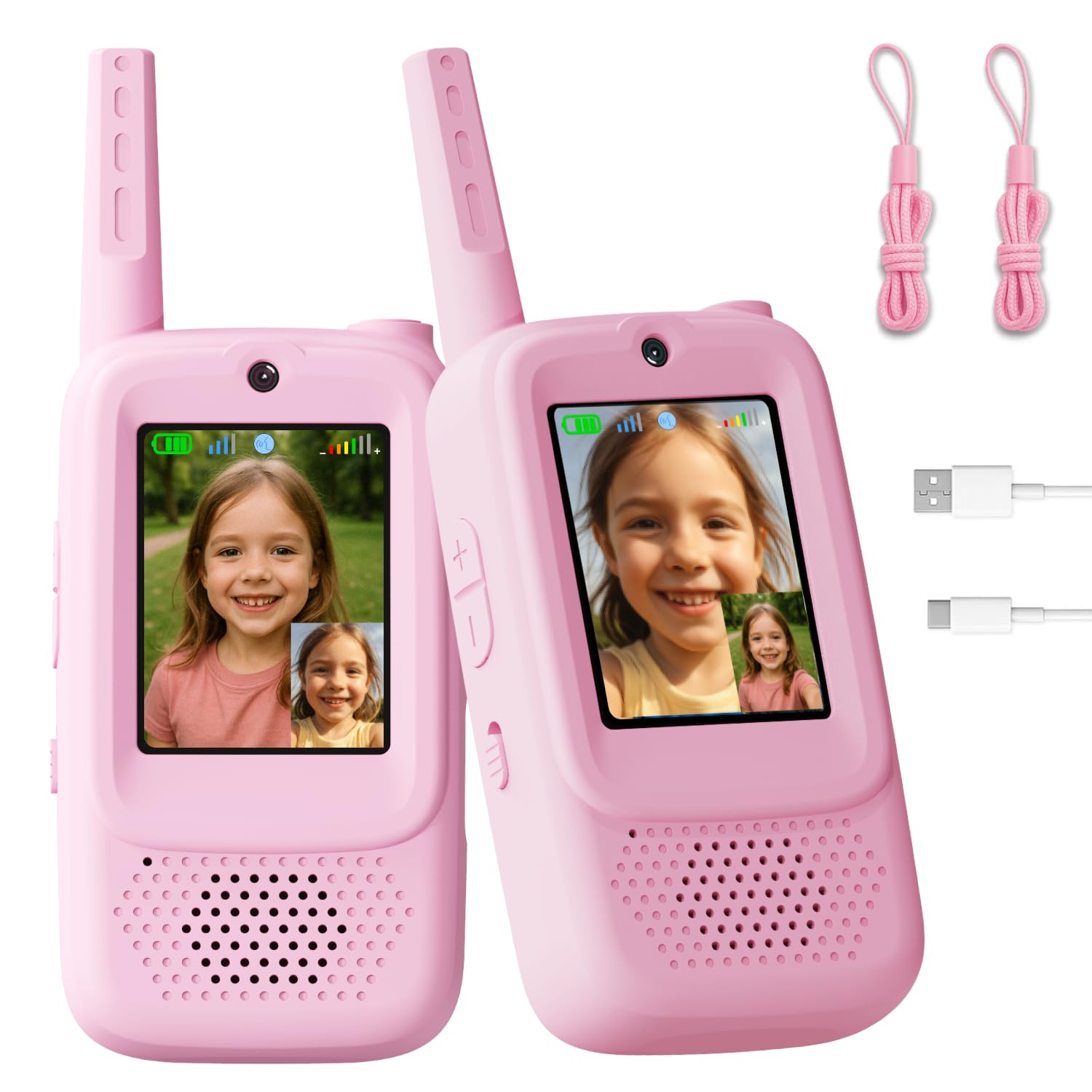 ANBURI video walkie talkies pink front view with real-time video use case