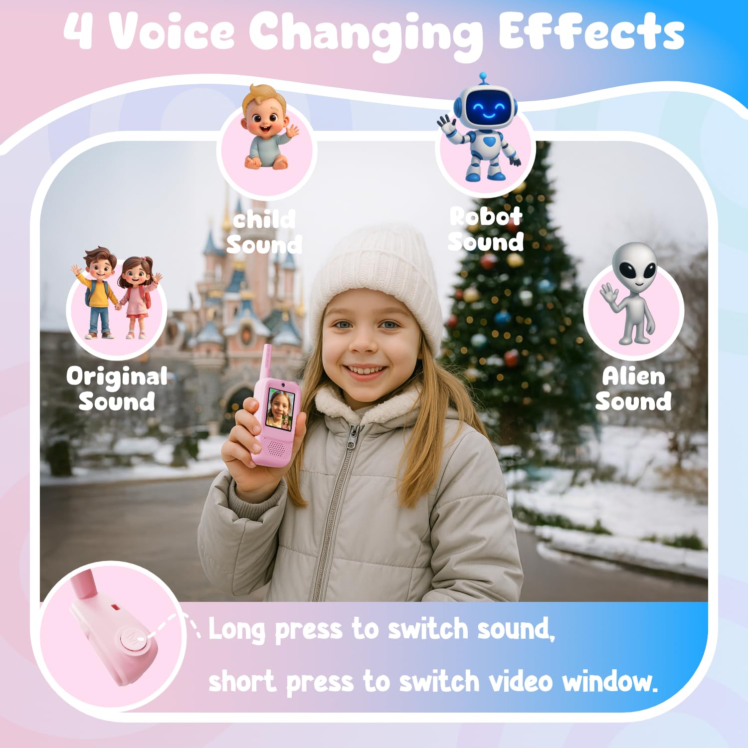 ANBURI video walkie talkies pink side view for outdoor play and quick chats