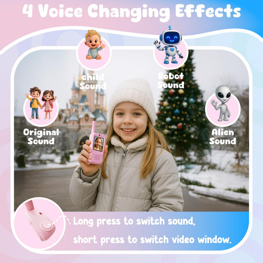 ANBURI video walkie talkies pink side view for outdoor play and quick chats
