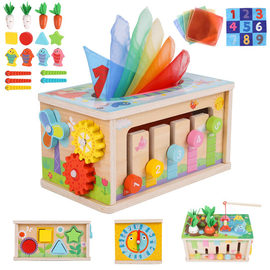 Ancaixin 6-in-1 Montessori tissue box toy promoting sensory exploration for babies