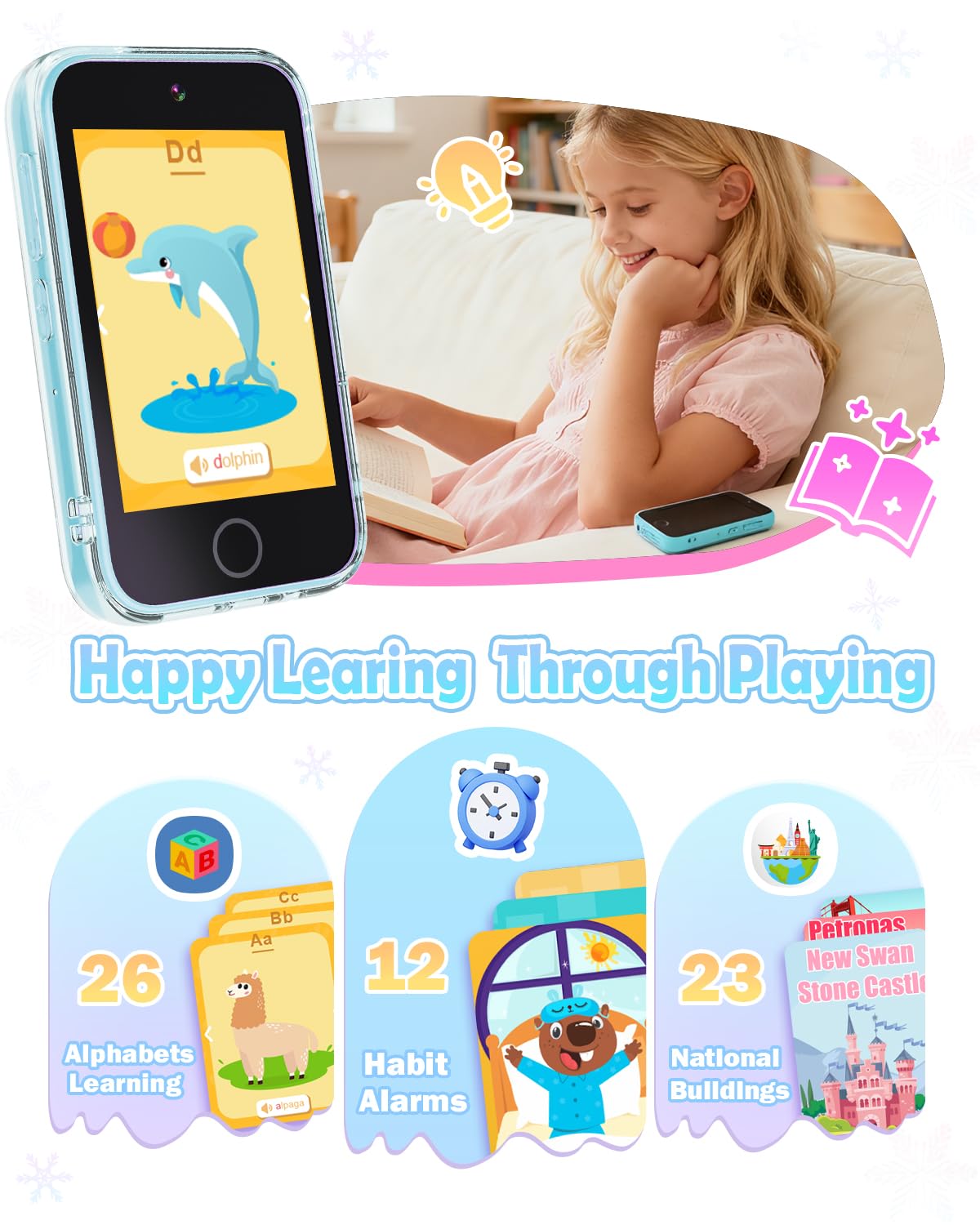 Anchioo Kids Smart Phone content-screen view highlighting learning games and stories.