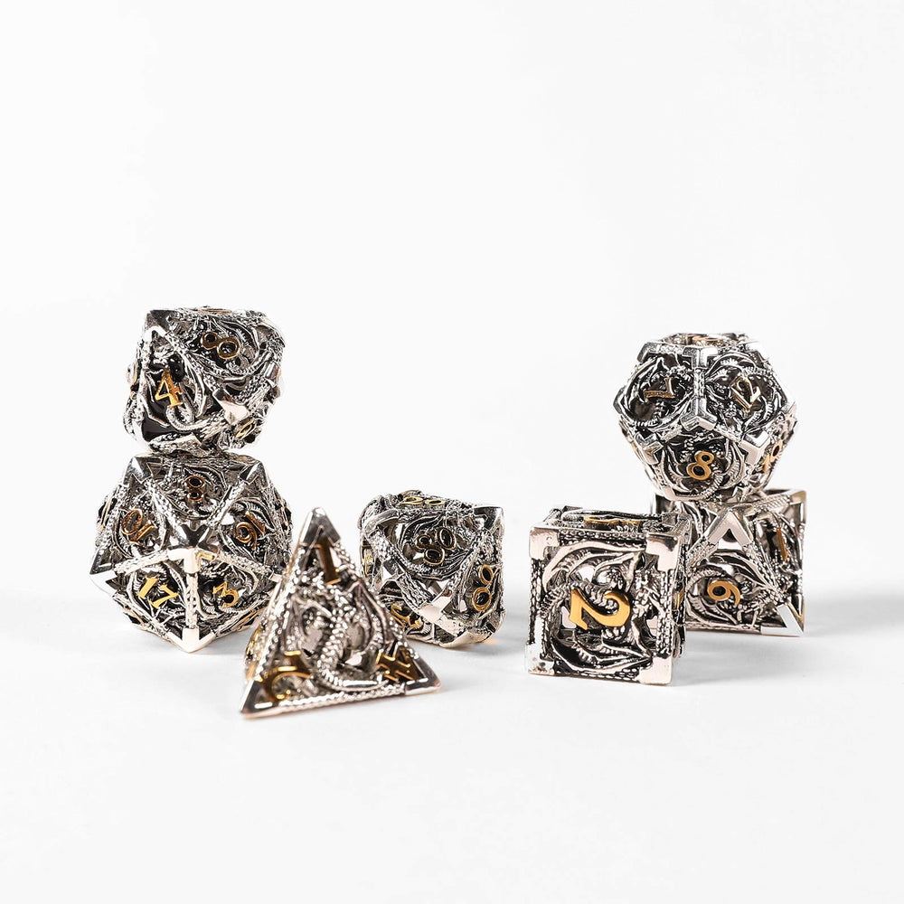 Ancient Deer display-ready dice set on shelf with dragon pattern