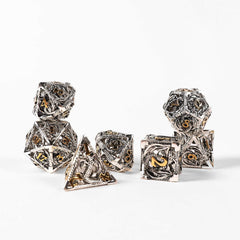 Ancient Deer display-ready dice set on shelf with dragon pattern