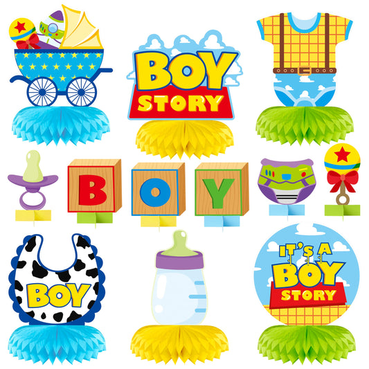 Andi Cppss Boy Story honeycomb centerpiece design 1 on party table, ideal for baby showers