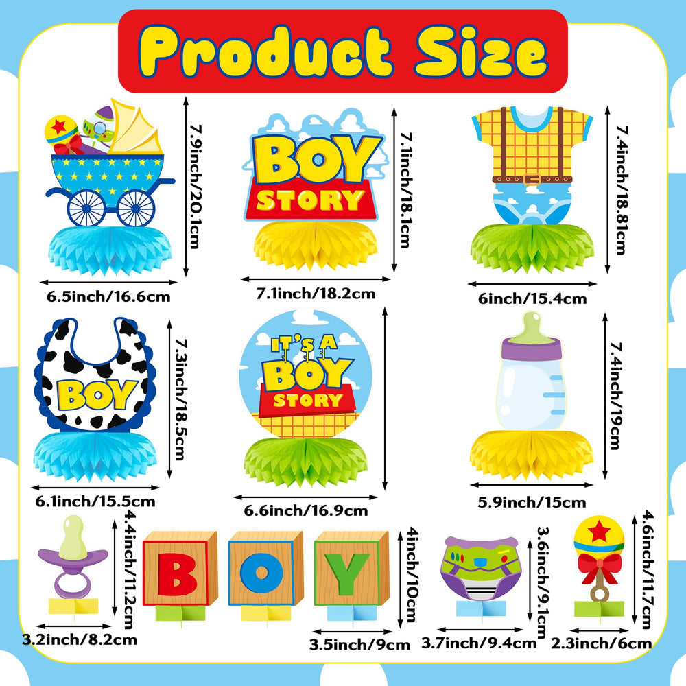 Andi Cppss Boy Story honeycomb centerpiece design 2 on table, perfect for birthday celebrations